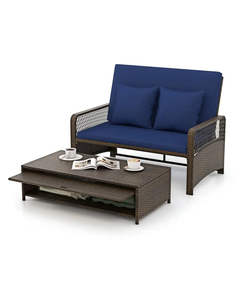 Patio Adjustable Wicker Daybed with 4-Level Backrest and Soft Cushions-Navy - Navy - Outdoor Sectionals