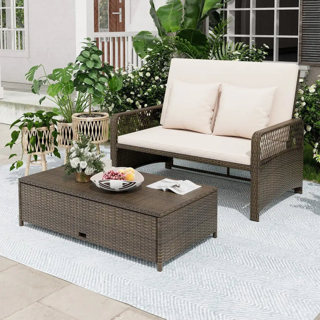 Patio Adjustable Wicker Daybed with 4-Level Backrest and Soft Cushions-Beige - Beige - Outdoor Sectionals