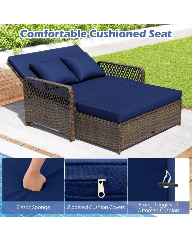 Patio Adjustable Wicker Daybed with 4-Level Backrest and Soft Cushions-Navy - Navy - Outdoor Sectionals