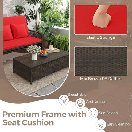 Patio Adjustable Wicker Daybed with 4-Level Backrest and Soft Cushions-Red - Red - Outdoor Sectionals