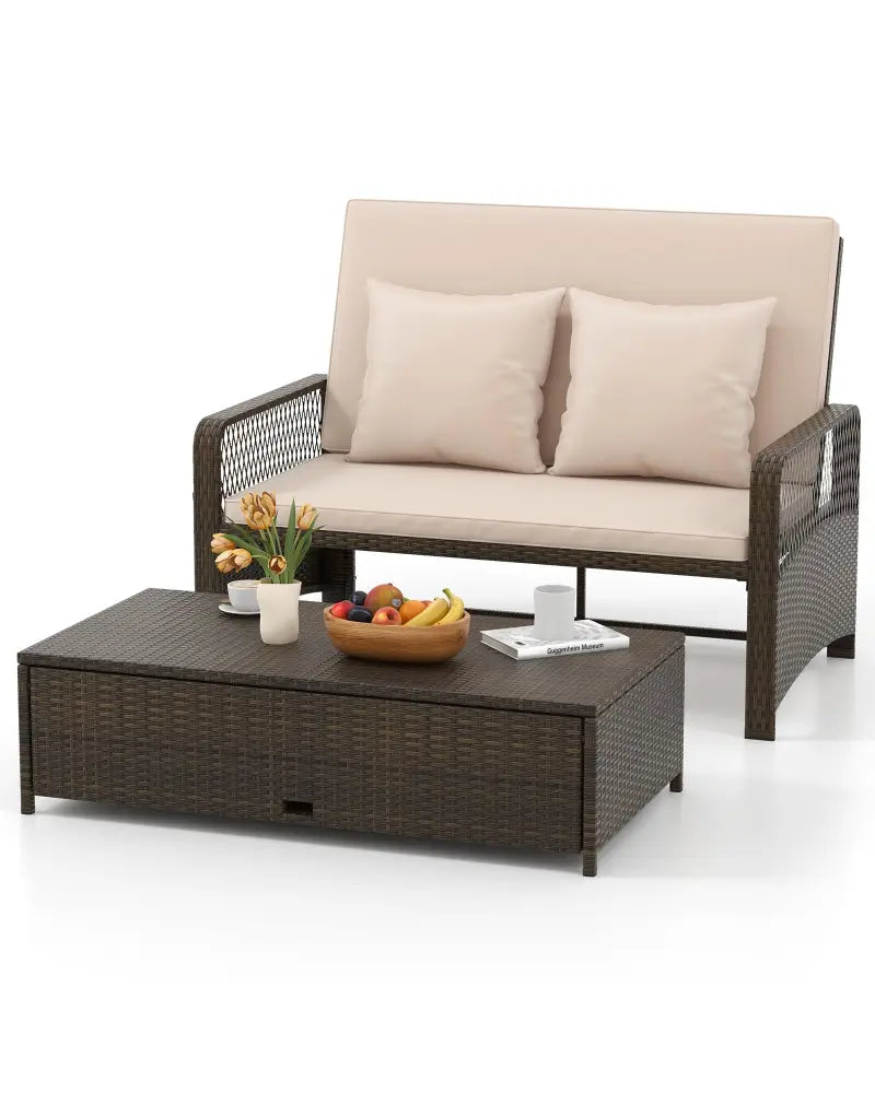 Patio Adjustable Wicker Daybed with 4-Level Backrest and Soft Cushions-Beige - Beige - Outdoor Sectionals