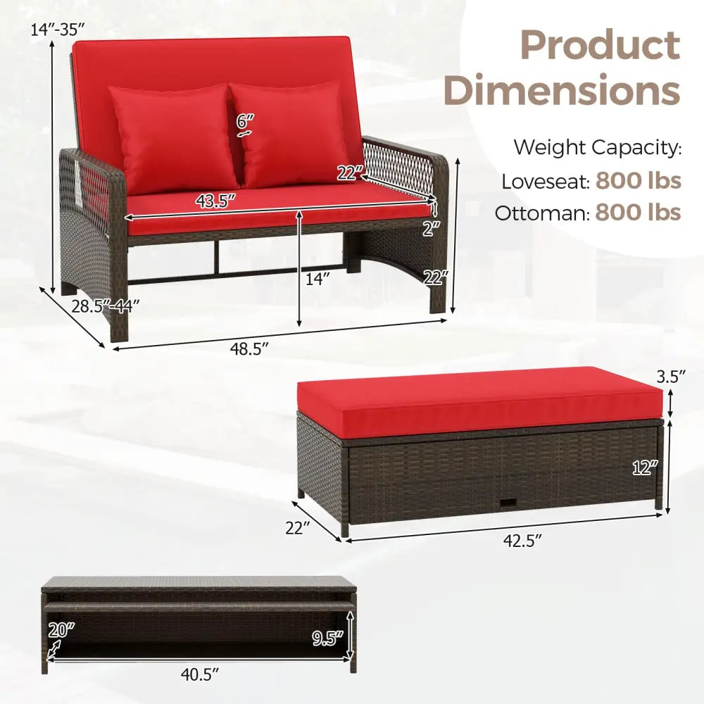 Patio Adjustable Wicker Daybed with 4-Level Backrest and Soft Cushions-Red - Red - Outdoor Sectionals