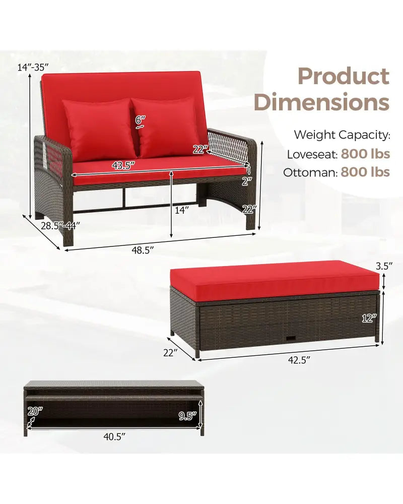 Patio Adjustable Wicker Daybed with 4-Level Backrest and Soft Cushions-Red - Red - Outdoor Sectionals