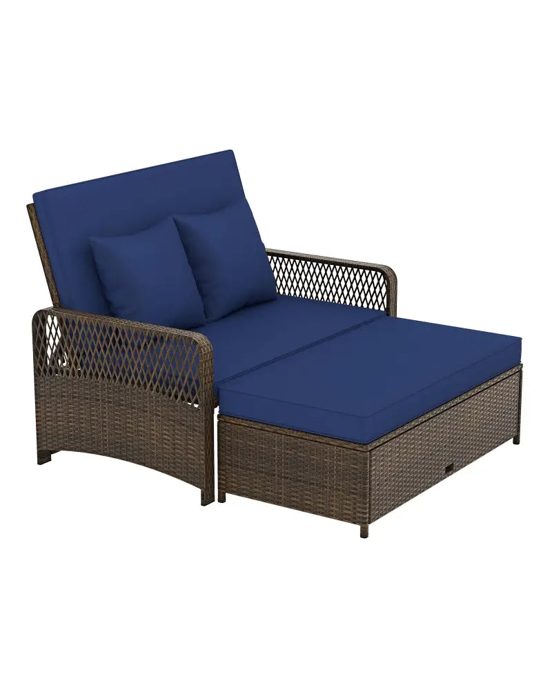 Patio Adjustable Wicker Daybed with 4-Level Backrest and Soft Cushions-Navy - Navy - Outdoor Sectionals