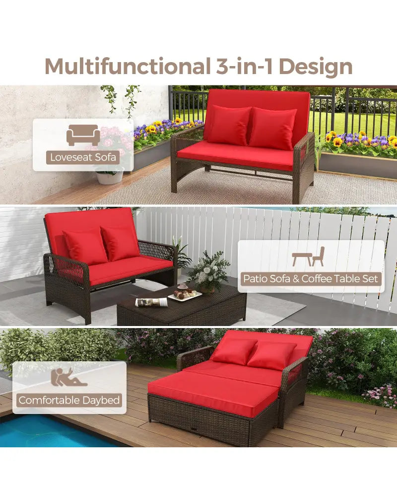 Patio Adjustable Wicker Daybed with 4-Level Backrest and Soft Cushions-Red - Red - Outdoor Sectionals