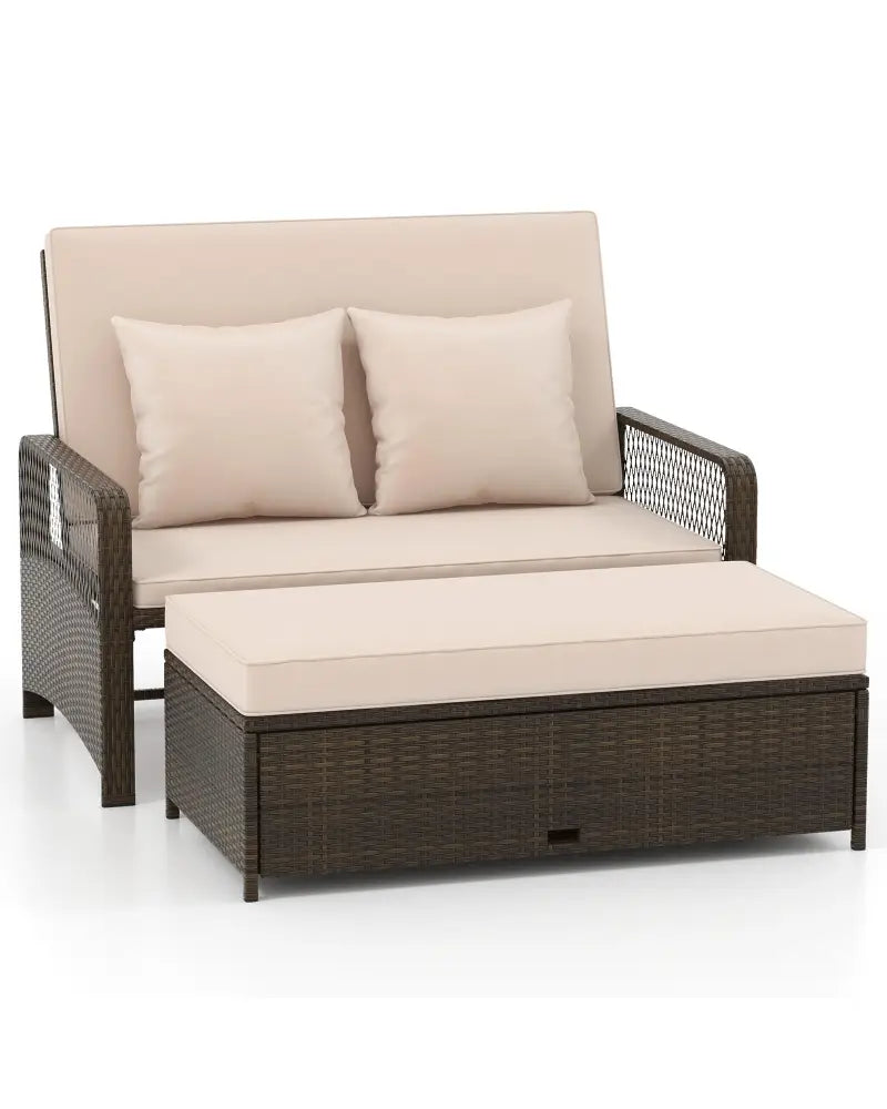 Patio Adjustable Wicker Daybed with 4-Level Backrest and Soft Cushions-Beige - Beige - Outdoor Sectionals