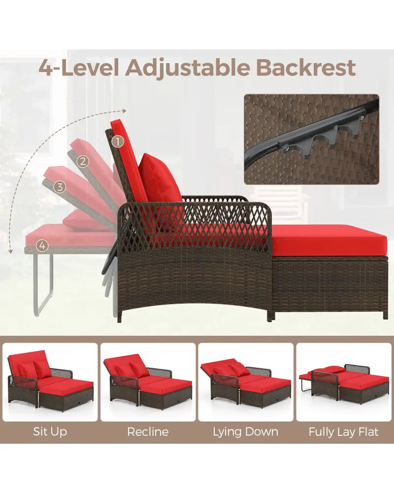 Patio Adjustable Wicker Daybed with 4-Level Backrest and Soft Cushions-Red - Red - Outdoor Sectionals