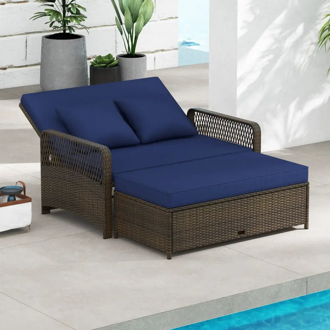 Patio Adjustable Wicker Daybed with 4-Level Backrest and Soft Cushions-Navy - Navy - Outdoor Sectionals