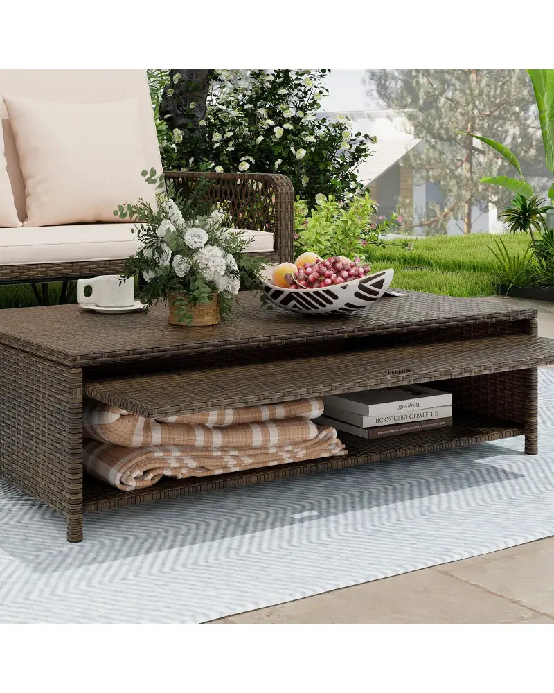 Patio Adjustable Wicker Daybed with 4-Level Backrest and Soft Cushions-Beige - Beige - Outdoor Sectionals
