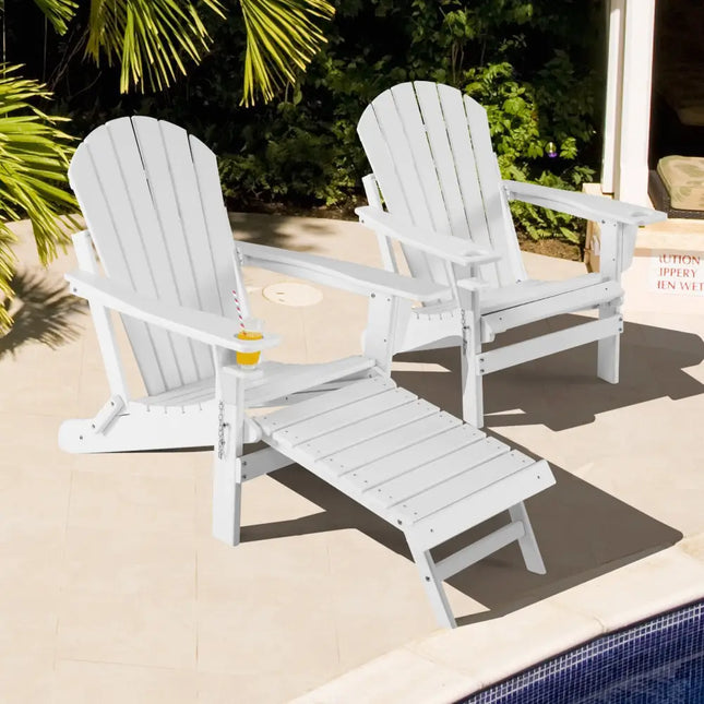 Patio All-Weather Folding Adirondack Chair with Pull-Out Ottoman-White - White - Adirondack Chairs