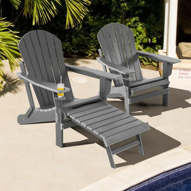 Patio All-Weather Folding Adirondack Chair with Pull-Out Ottoman-Gray - Gray - Adirondack Chairs