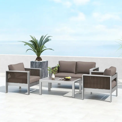 Patio Aluminum Loveseat Sofa Outdoor Furniture Set with Thick Back and Seat Cushions-Gray - Gray - Patio Conversation