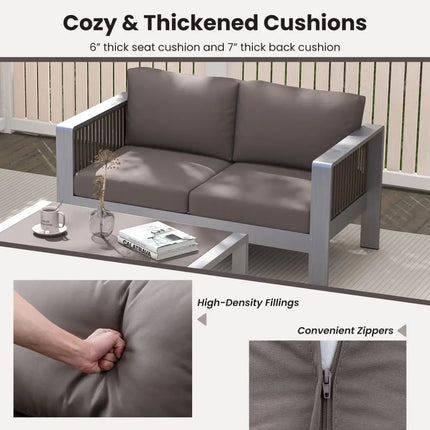 Patio Aluminum Loveseat Sofa Outdoor Furniture Set with Thick Back and Seat Cushions-Gray - Gray - Patio Conversation