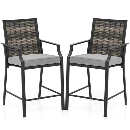 Patio Bar Stools Set of 2 Counter Height Rattan Bar Chairs with Armrest-Grey - Gray - Patio Bar Furniture
