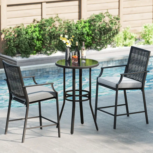 Patio Bar Stools Set of 2 Counter Height Rattan Bar Chairs with Armrest-Grey - Gray - Patio Bar Furniture
