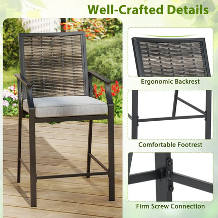Patio Bar Stools Set of 2 Counter Height Rattan Bar Chairs with Armrest-Grey - Gray - Patio Bar Furniture