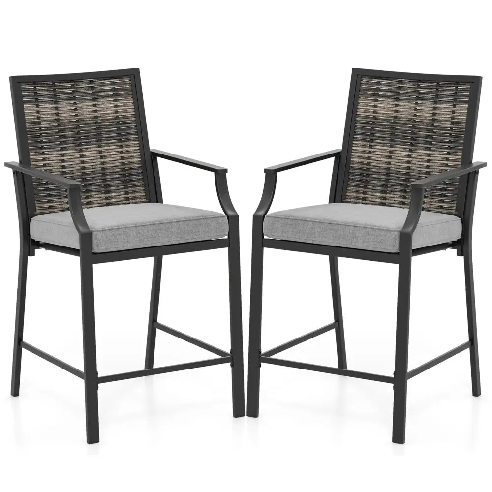 Patio Bar Stools Set of 2 Counter Height Rattan Bar Chairs with Armrest-Grey - Gray - Patio Bar Furniture