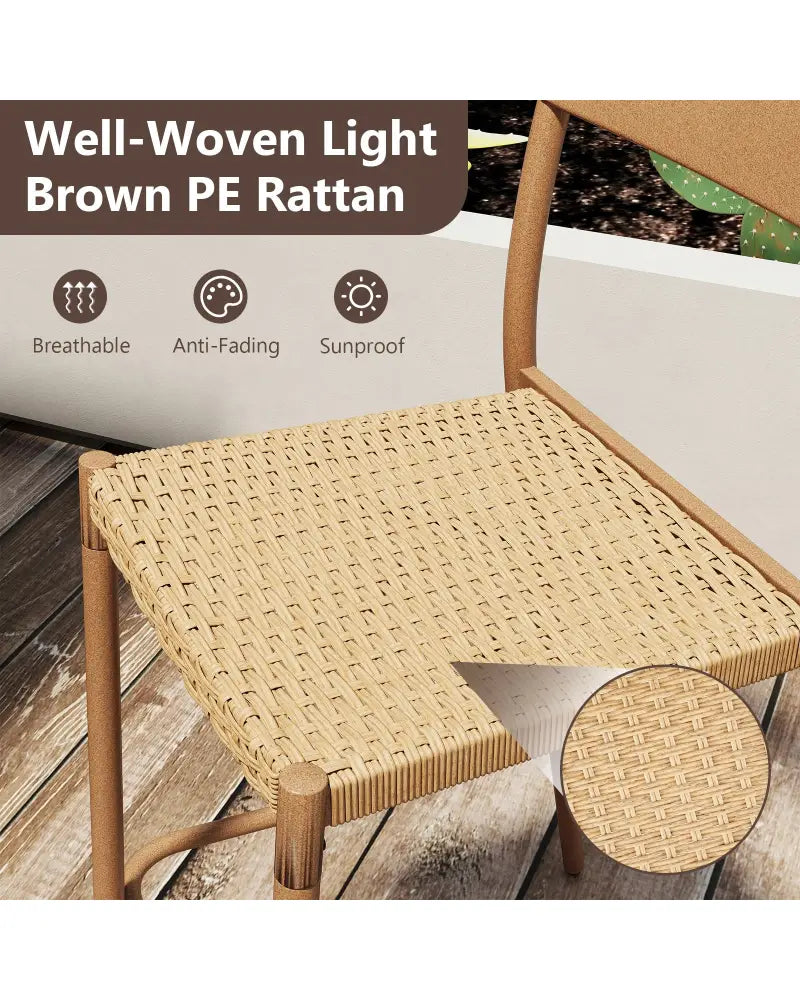 Patio Barstools Set of 2 with Rattan Seat and Metal Backrest-Light Brown - Light Brown - Patio Dining Chairs