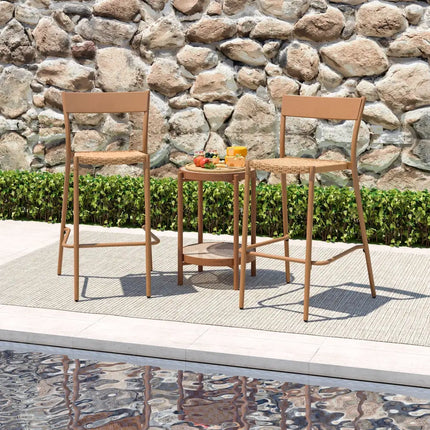Patio Barstools Set of 2 with Rattan Seat and Metal Backrest-Light Brown - Light Brown - Patio Dining Chairs