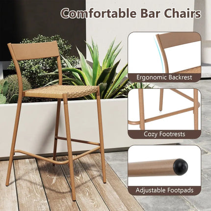 Patio Barstools Set of 2 with Rattan Seat and Metal Backrest-Light Brown - Light Brown - Patio Dining Chairs
