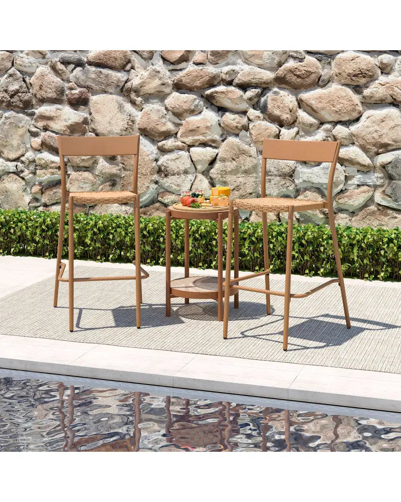 Patio Barstools Set of 2 with Rattan Seat and Metal Backrest-Light Brown - Light Brown - Patio Dining Chairs