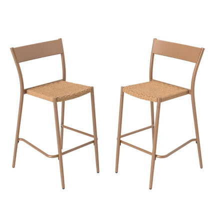 Patio Barstools Set of 2 with Rattan Seat and Metal Backrest-Light Brown - Light Brown - Patio Dining Chairs