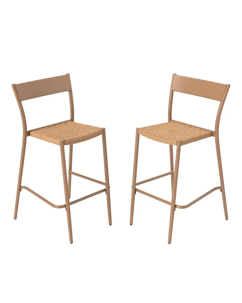 Patio Barstools Set of 2 with Rattan Seat and Metal Backrest-Light Brown - Light Brown - Patio Dining Chairs