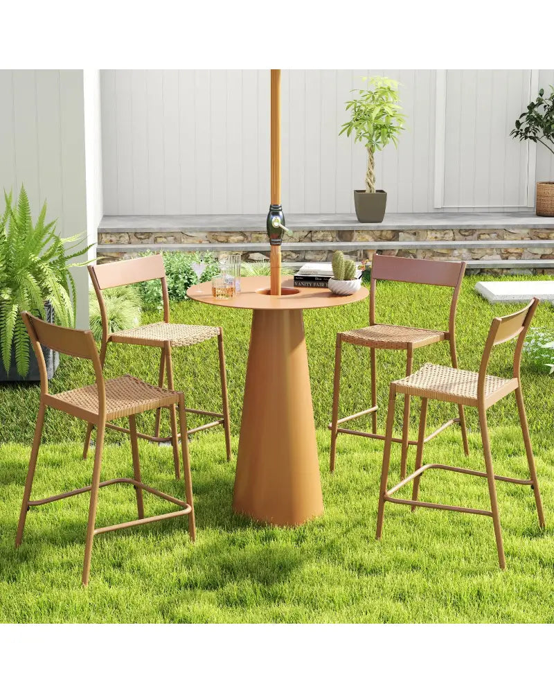 Patio Barstools Set of 2 with Rattan Seat and Metal Backrest-Light Brown - Light Brown - Patio Dining Chairs