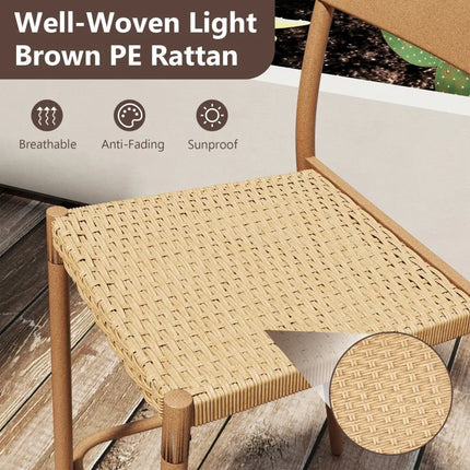 Patio Barstools Set of 2 with Rattan Seat and Metal Backrest-Light Brown - Light Brown - Patio Dining Chairs