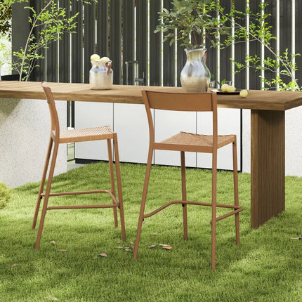 Patio Barstools Set of 2 with Rattan Seat and Metal Backrest-Light Brown - Light Brown - Patio Dining Chairs