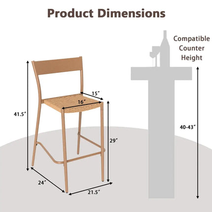 Patio Barstools Set of 2 with Rattan Seat and Metal Backrest-Light Brown - Light Brown - Patio Dining Chairs