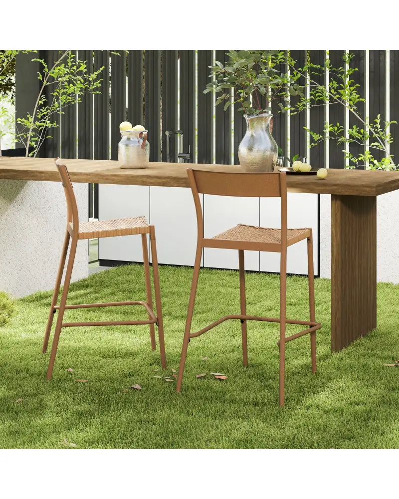 Patio Barstools Set of 4 with Rattan Seat and Metal Backrest-Light Brown - Light Brown - Patio Dining Chairs