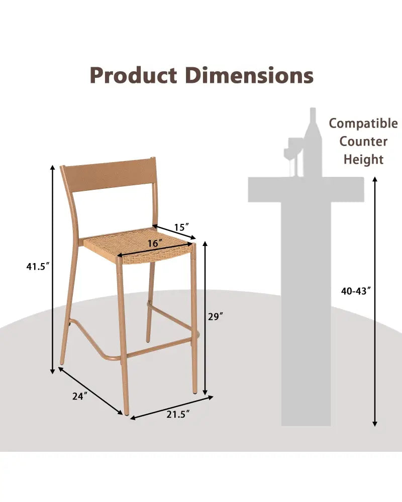 Patio Barstools Set of 4 with Rattan Seat and Metal Backrest-Light Brown - Light Brown - Patio Dining Chairs