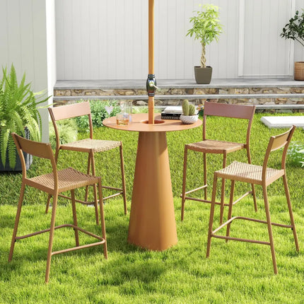 Patio Barstools Set of 4 with Rattan Seat and Metal Backrest-Light Brown - Light Brown - Patio Dining Chairs