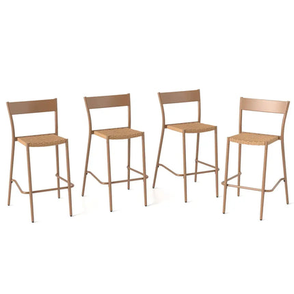 Patio Barstools Set of 4 with Rattan Seat and Metal Backrest-Light Brown - Light Brown - Patio Dining Chairs