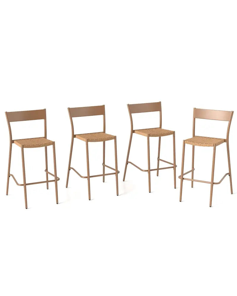 Patio Barstools Set of 4 with Rattan Seat and Metal Backrest-Light Brown - Light Brown - Patio Dining Chairs