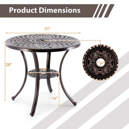 Patio Cast Aluminum Table 31 Inch Diameter Round Table with Umbrella Hole-Copper - Copper - Patio Dining Tables