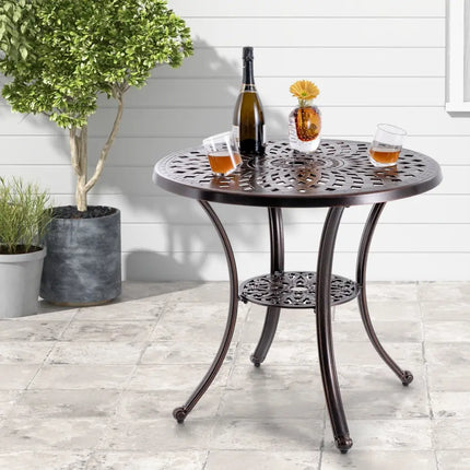 Patio Cast Aluminum Table 31 Inch Diameter Round Table with Umbrella Hole-Copper - Copper - Patio Dining Tables