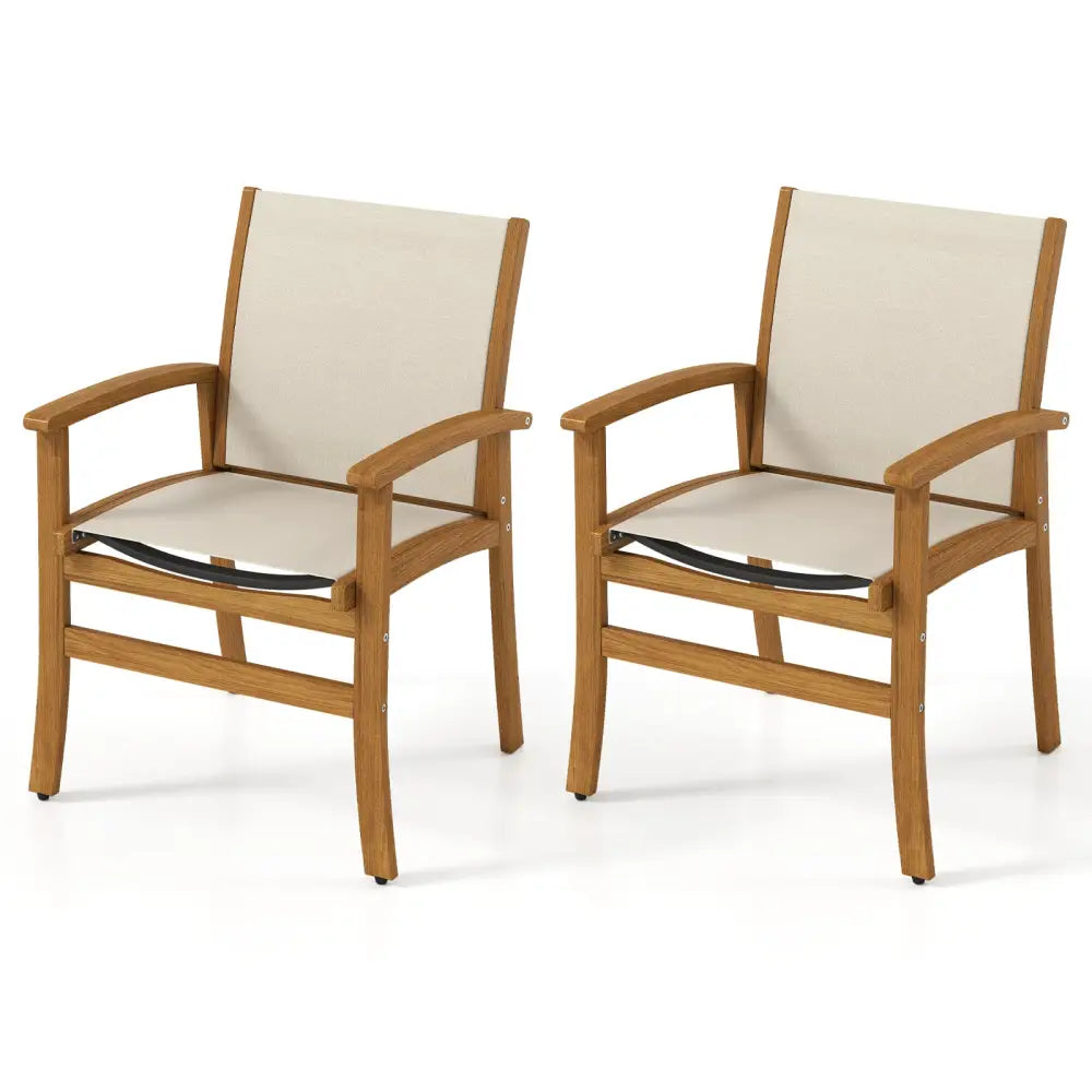 Patio Chairs Set of 2 Acacia Wood Armchairs with Breathable Fabric Back and Seat-Yellow - Beige - Patio Dining Chairs