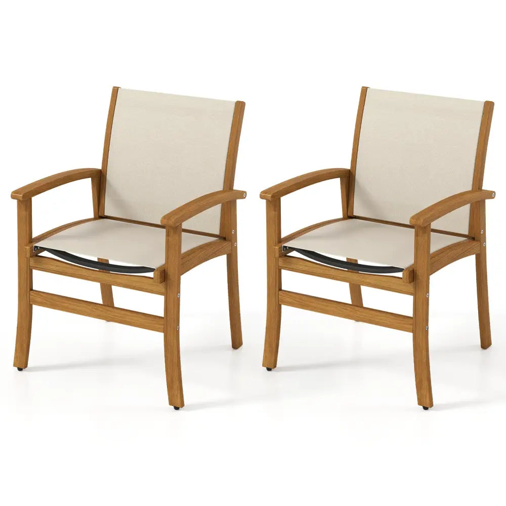 Patio Chairs Set of 2 Acacia Wood Armchairs with Breathable Fabric Back and Seat-Yellow - Beige - Patio Dining Chairs