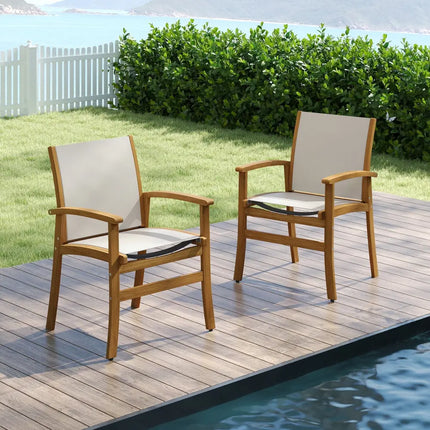 Patio Chairs Set of 2 Acacia Wood Armchairs with Breathable Fabric Back and Seat-Yellow - Beige - Patio Dining Chairs