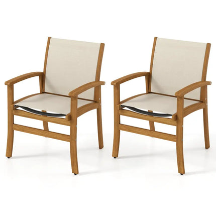 Patio Chairs Set of 2 Acacia Wood Armchairs with Breathable Fabric Back and Seat-Yellow - Beige - Patio Dining Chairs