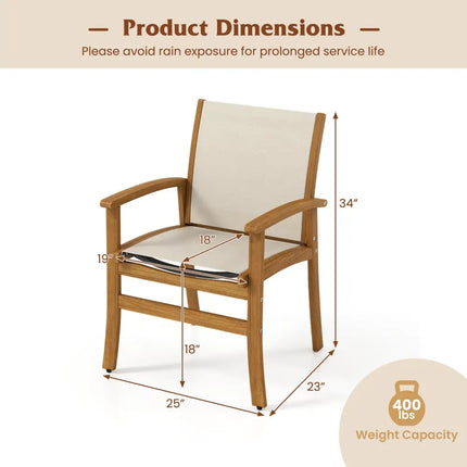 Patio Chairs Set of 2 Acacia Wood Armchairs with Breathable Fabric Back and Seat-Yellow - Beige - Patio Dining Chairs