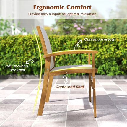 Patio Chairs Set of 2 Acacia Wood Armchairs with Breathable Fabric Back and Seat-Yellow - Beige - Patio Dining Chairs
