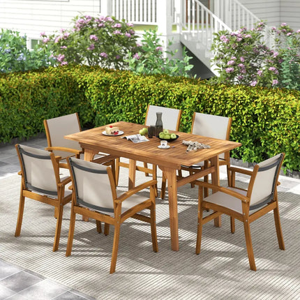 Patio Chairs Set of 2 Acacia Wood Armchairs with Breathable Fabric Back and Seat-Yellow - Beige - Patio Dining Chairs