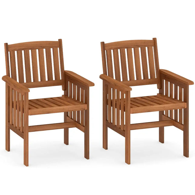 Patio Chairs Set of 2 Outdoor Solid Wood Chairs with Slatted Seat and Inclined Backrest - Natural - Patio Dining Chairs