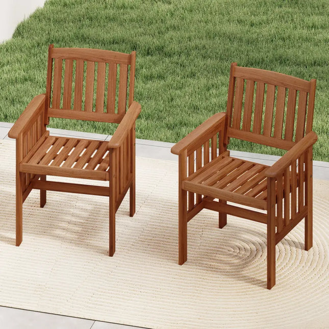 Patio Chairs Set of 2 Outdoor Solid Wood Chairs with Slatted Seat and Inclined Backrest - Natural - Patio Dining Chairs