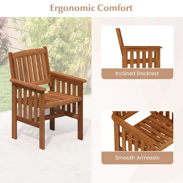 Patio Chairs Set of 2 Outdoor Solid Wood Chairs with Slatted Seat and Inclined Backrest - Natural - Patio Dining Chairs