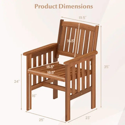 Patio Chairs Set of 2 Outdoor Solid Wood Chairs with Slatted Seat and Inclined Backrest - Natural - Patio Dining Chairs