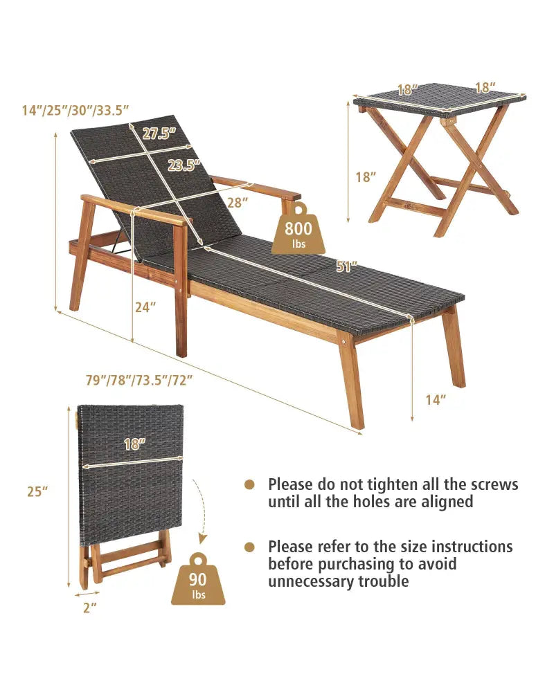 Patio Chaise Lounge and Table Set with 4-Level Adjustable Backrest - Brown - Outdoor Chaise Lounges